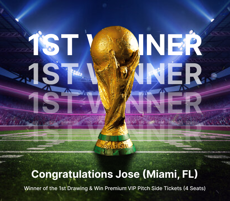 Gold worldcup trophy on a soccer field with ' 1st Winner' text .