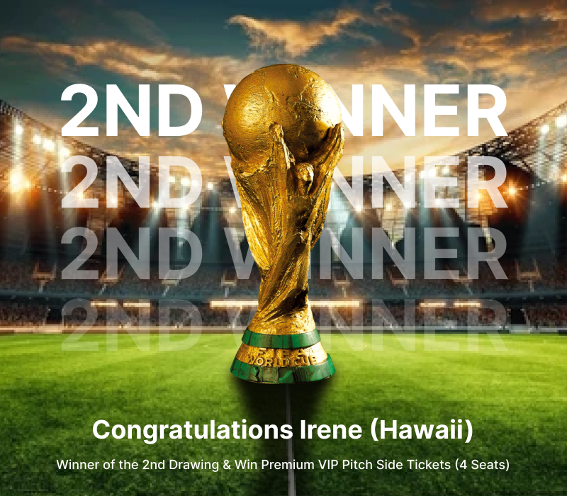 Gold worldcup trophy on a soccer field with '2nd Winner' text 